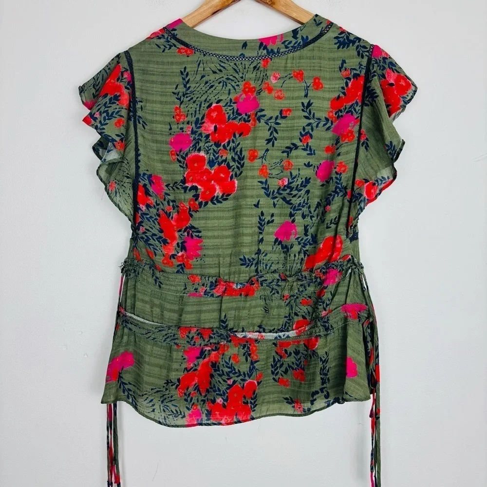 Tanya Taylor “Antia” silk floral green, red and blue v-neck blouse. Size 2 - Picture 6 of 8